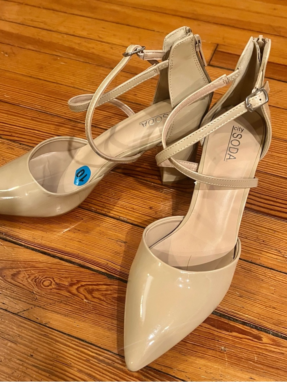 Tan Patent Pointed-Toe Ankle-Strap Pumps Size 10